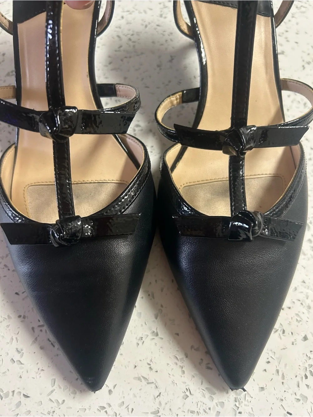 Alex Marie Black Pointed-Toe T-Strap Heels with Bow Accent